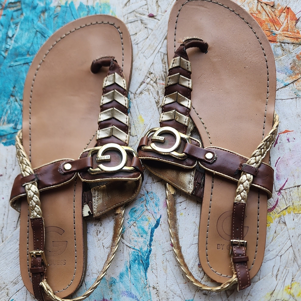 Brown Leather Sandals with Gold Accents